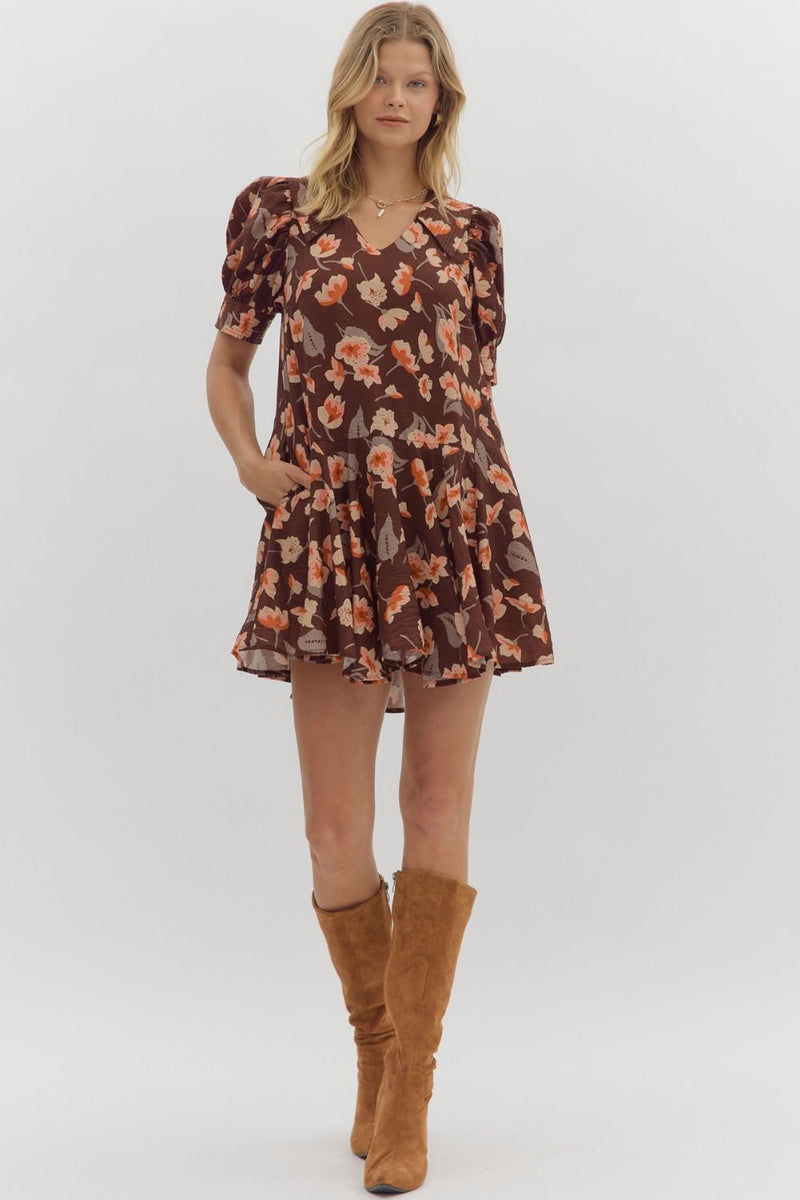 Delilah Floral Collared Dress, Brown