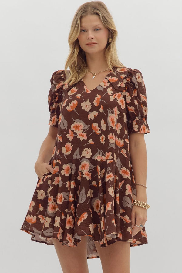 Delilah Floral Collared Dress, Brown
