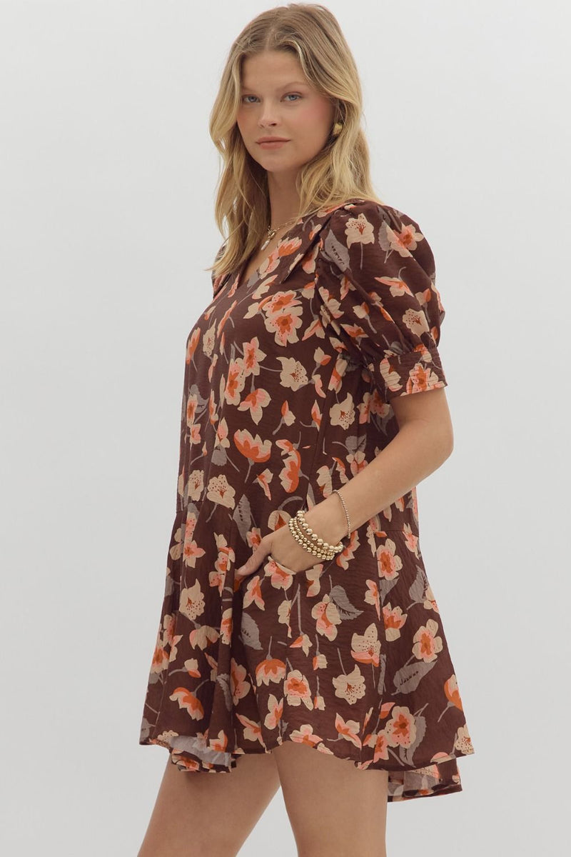 Delilah Floral Collared Dress, Brown