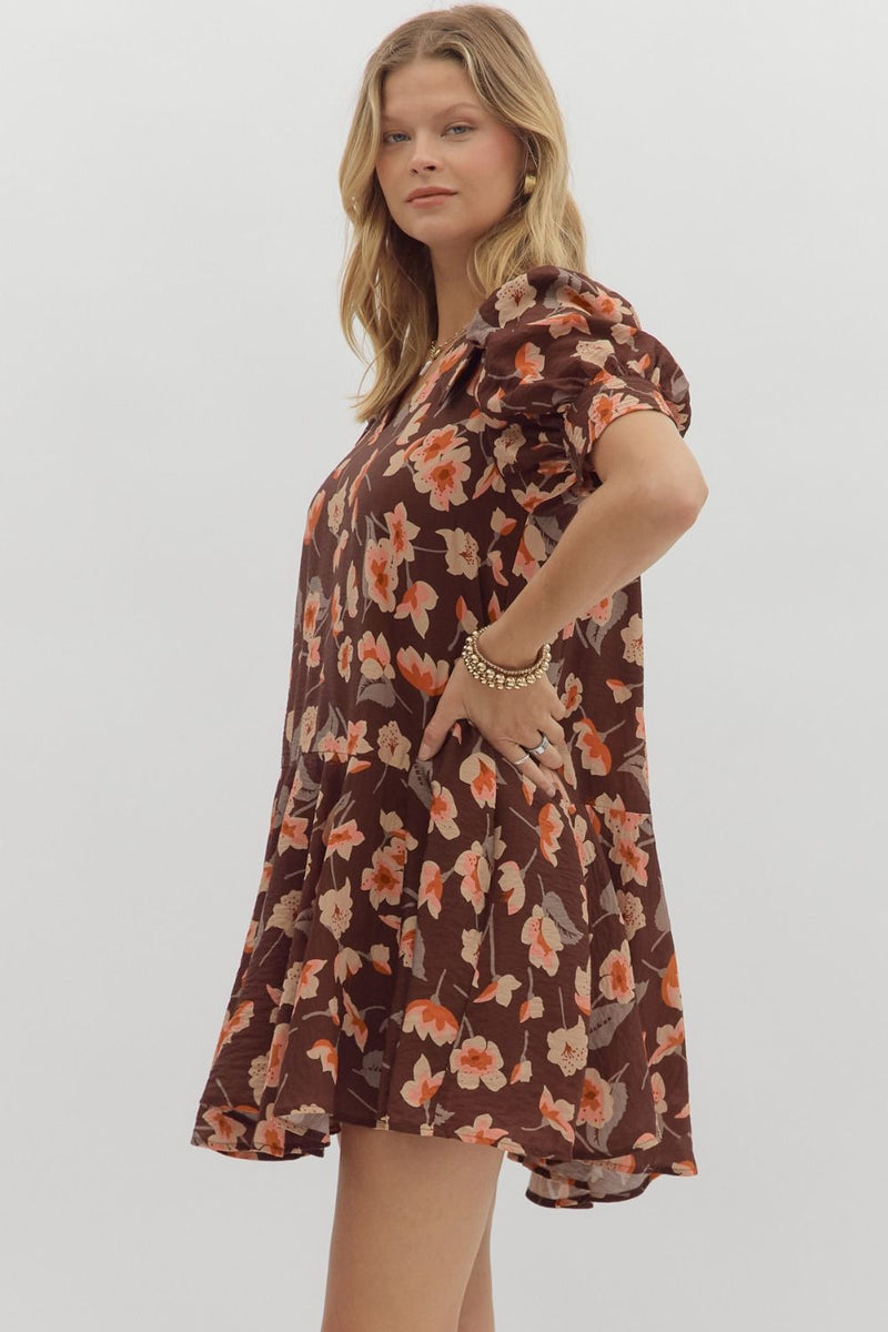 Delilah Floral Collared Dress, Brown