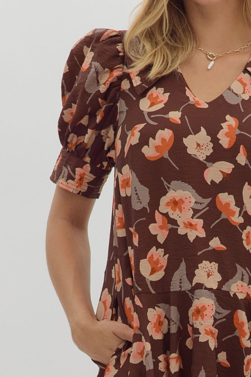 Delilah Floral Collared Dress, Brown