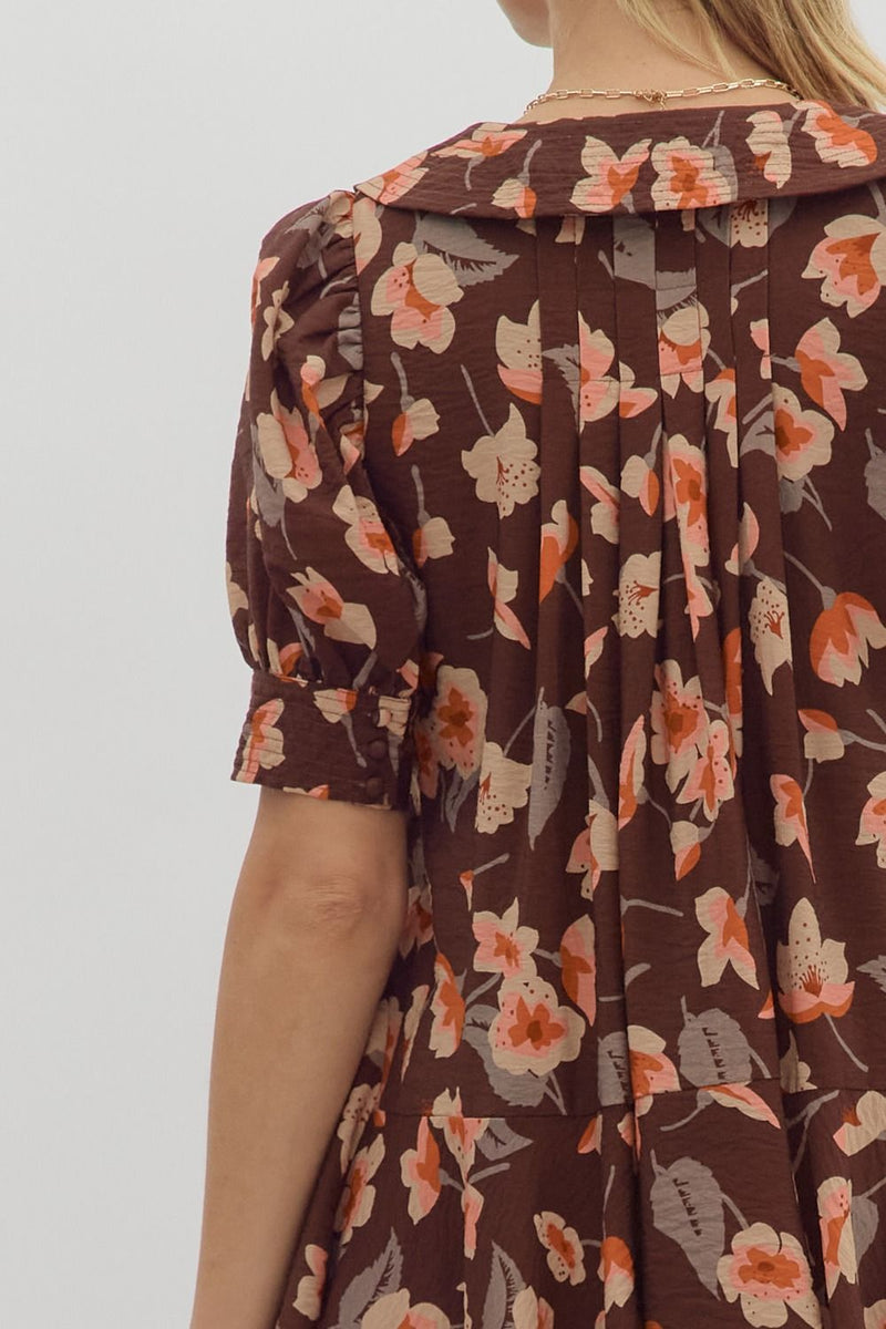 Delilah Floral Collared Dress, Brown