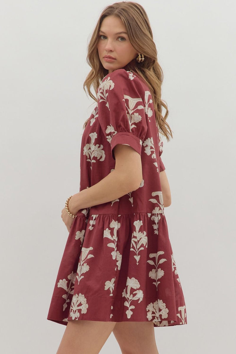 Zoe Printed Mini Dress, Garnet