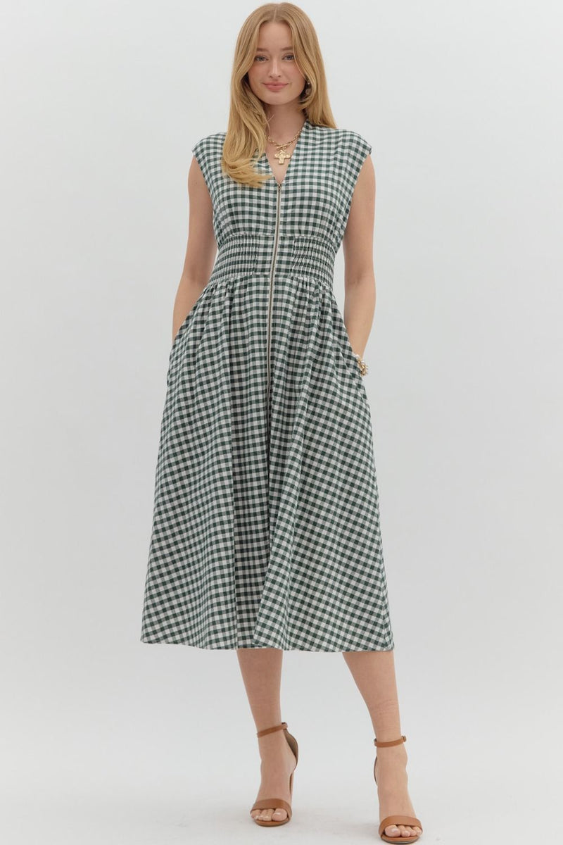 Millie Gingham Print Zip Up Dress, Forest