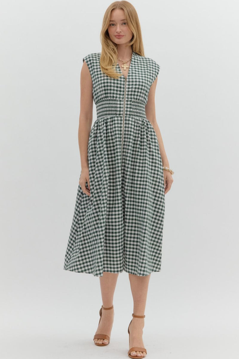 Millie Gingham Print Zip Up Dress, Forest