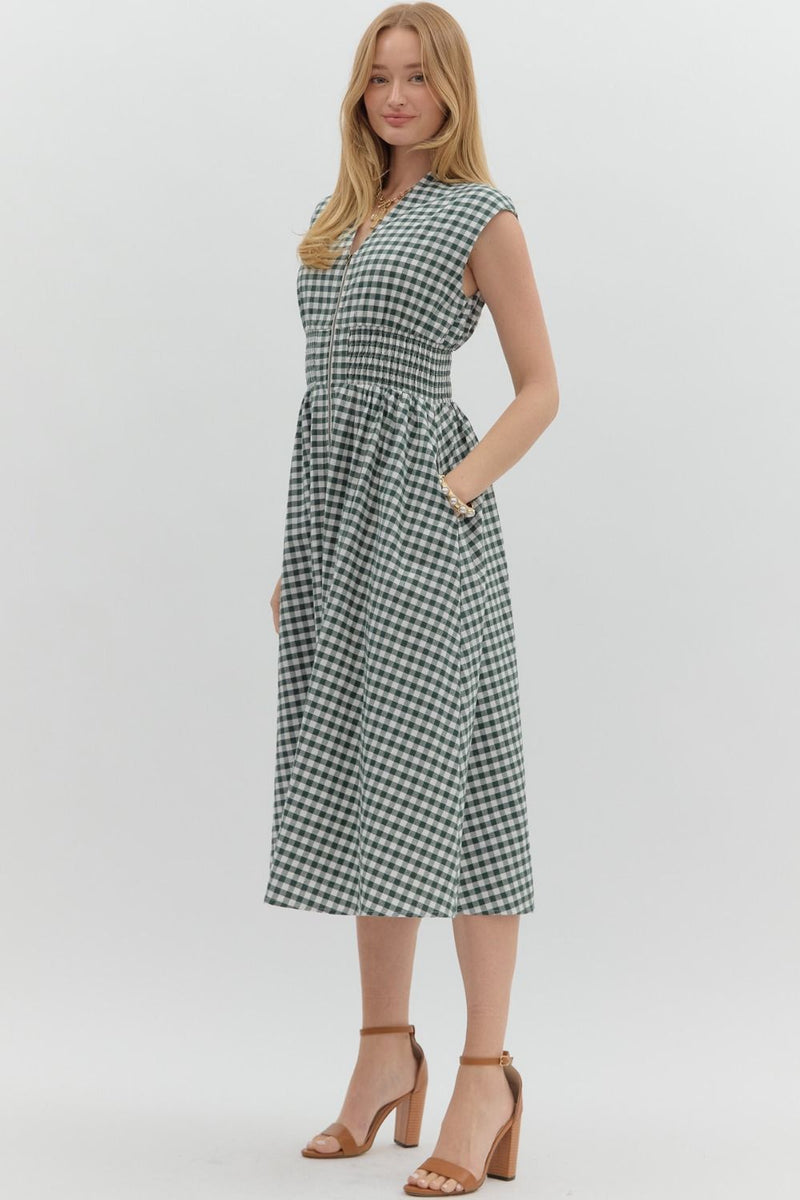 Millie Gingham Print Zip Up Dress, Forest