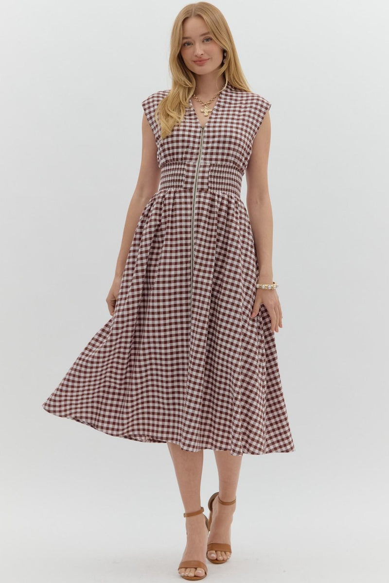 Millie Gingham Print Zip Up Dress, Chocolate