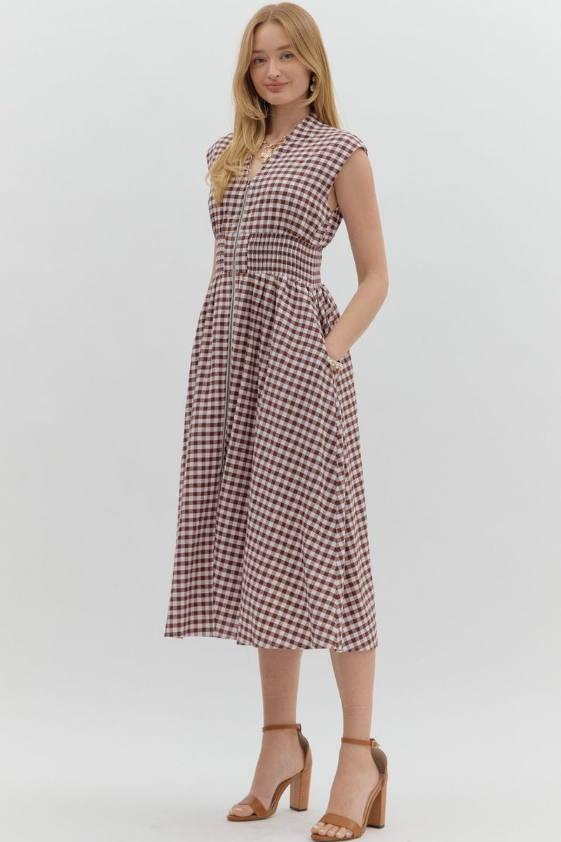Millie Gingham Print Zip Up Dress, Chocolate