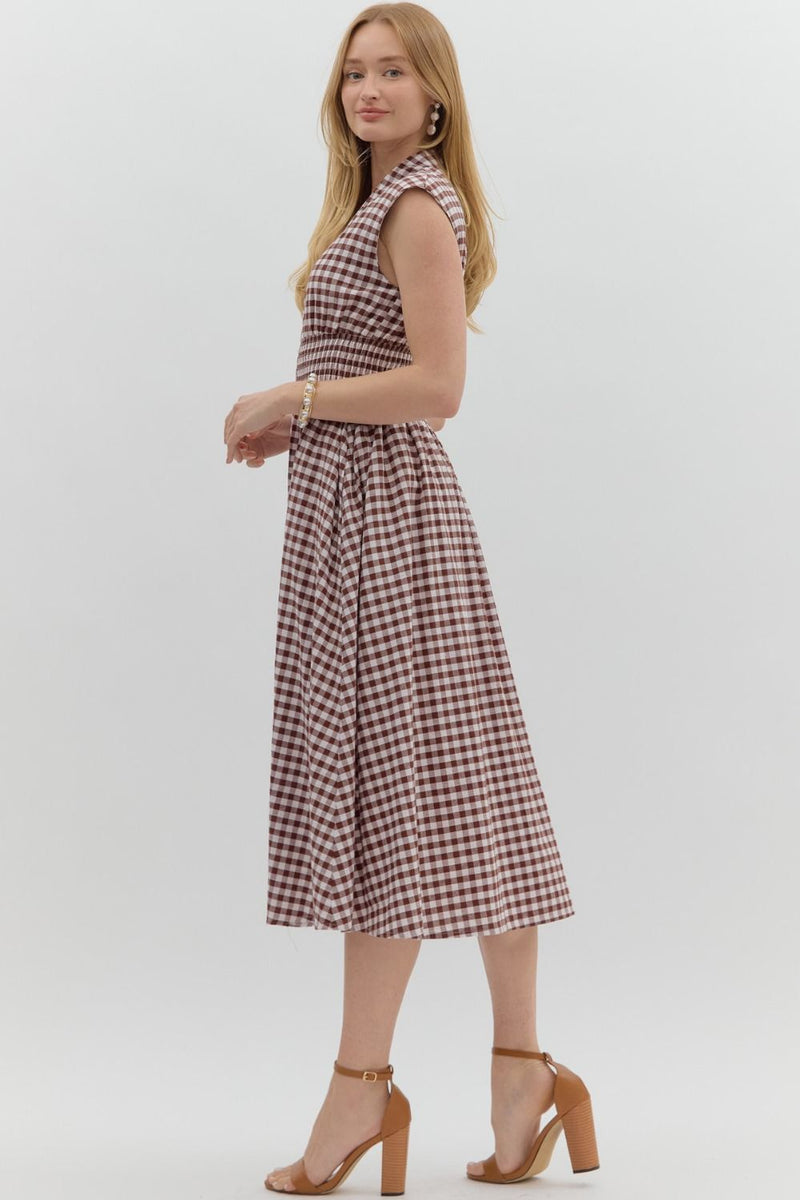 Millie Gingham Print Zip Up Dress, Chocolate