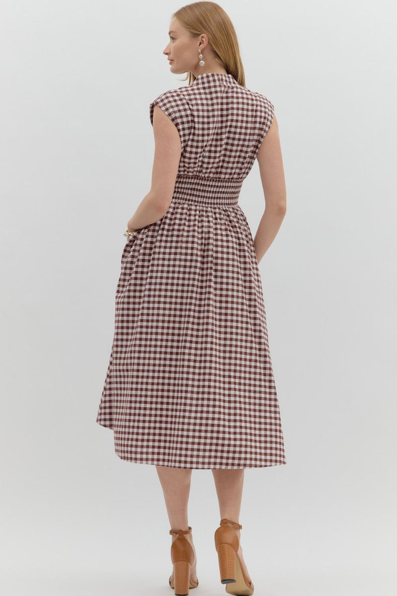 Millie Gingham Print Zip Up Dress, Chocolate