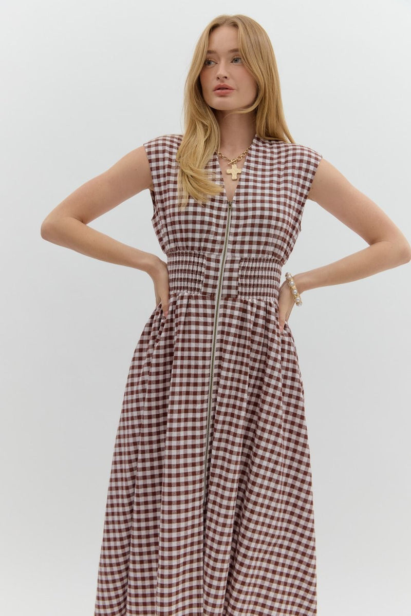 Millie Gingham Print Zip Up Dress, Chocolate