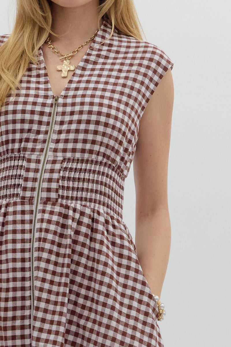 Millie Gingham Print Zip Up Dress, Chocolate