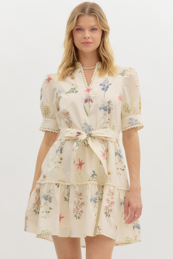Ava Floral Scallop Trim Dress, Cream