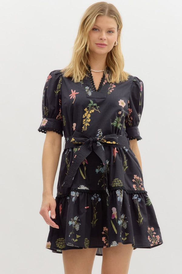 Ava Floral Scallop Trim Dress, Black