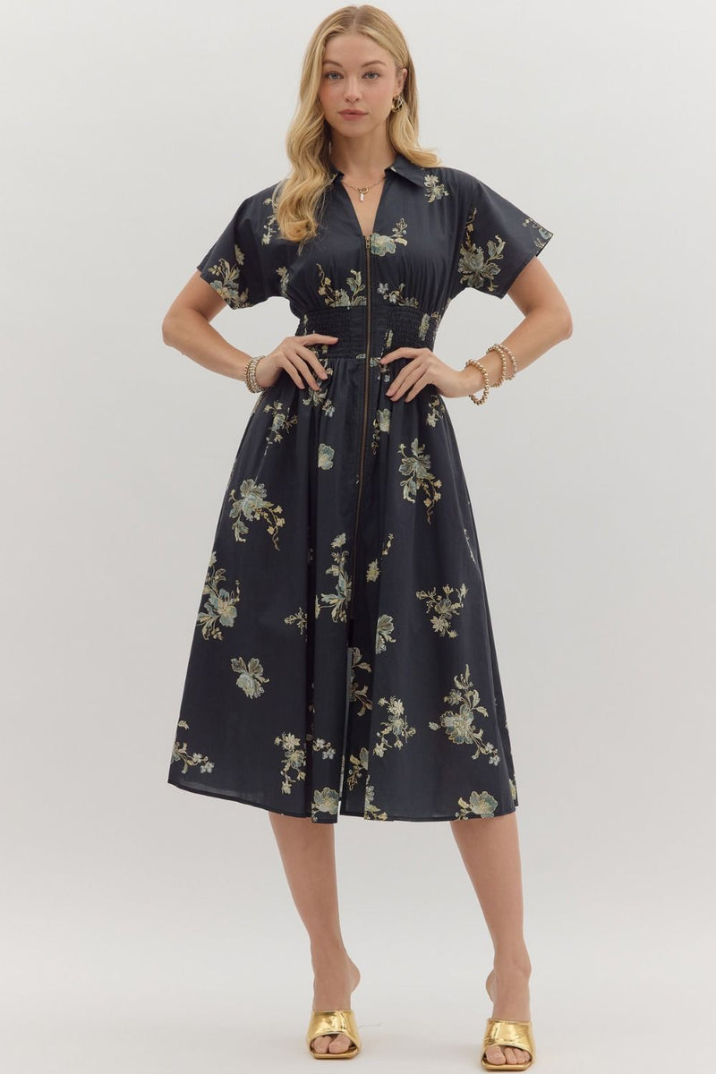 Ella Printed Zip Up Midi Dress, Black
