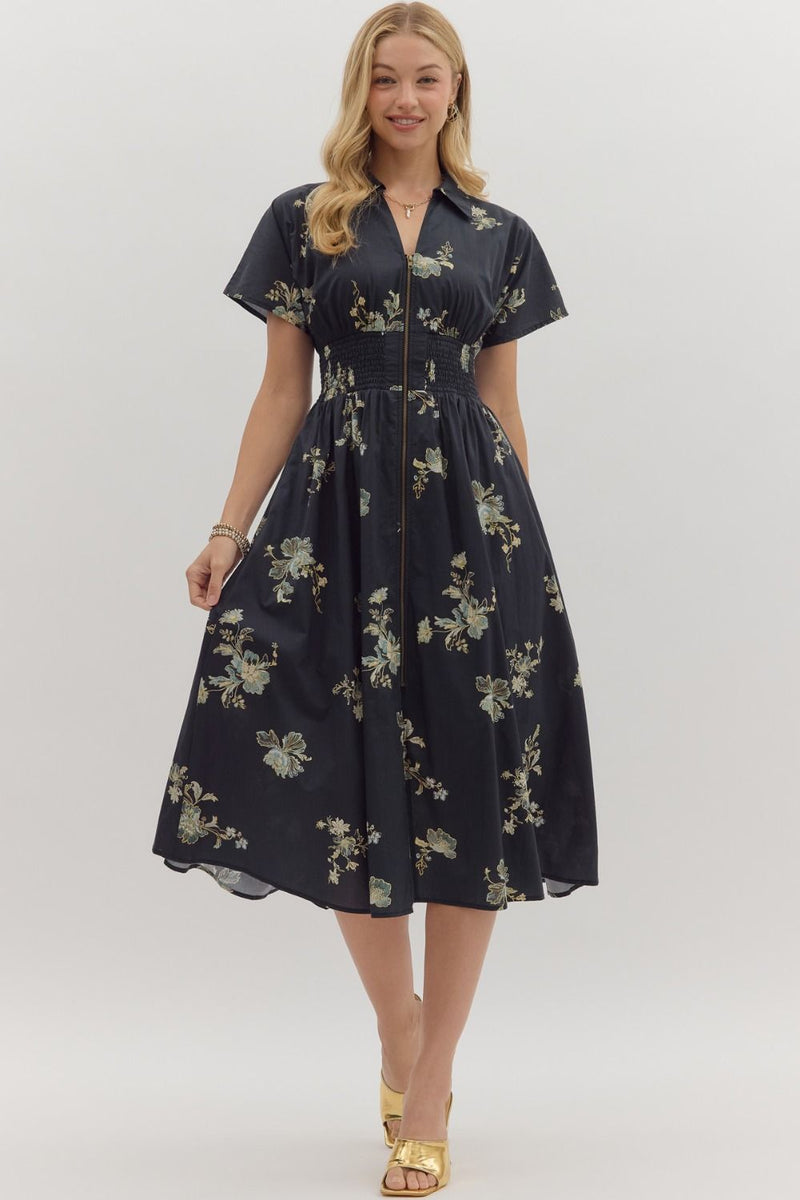 Ella Printed Zip Up Midi Dress, Black
