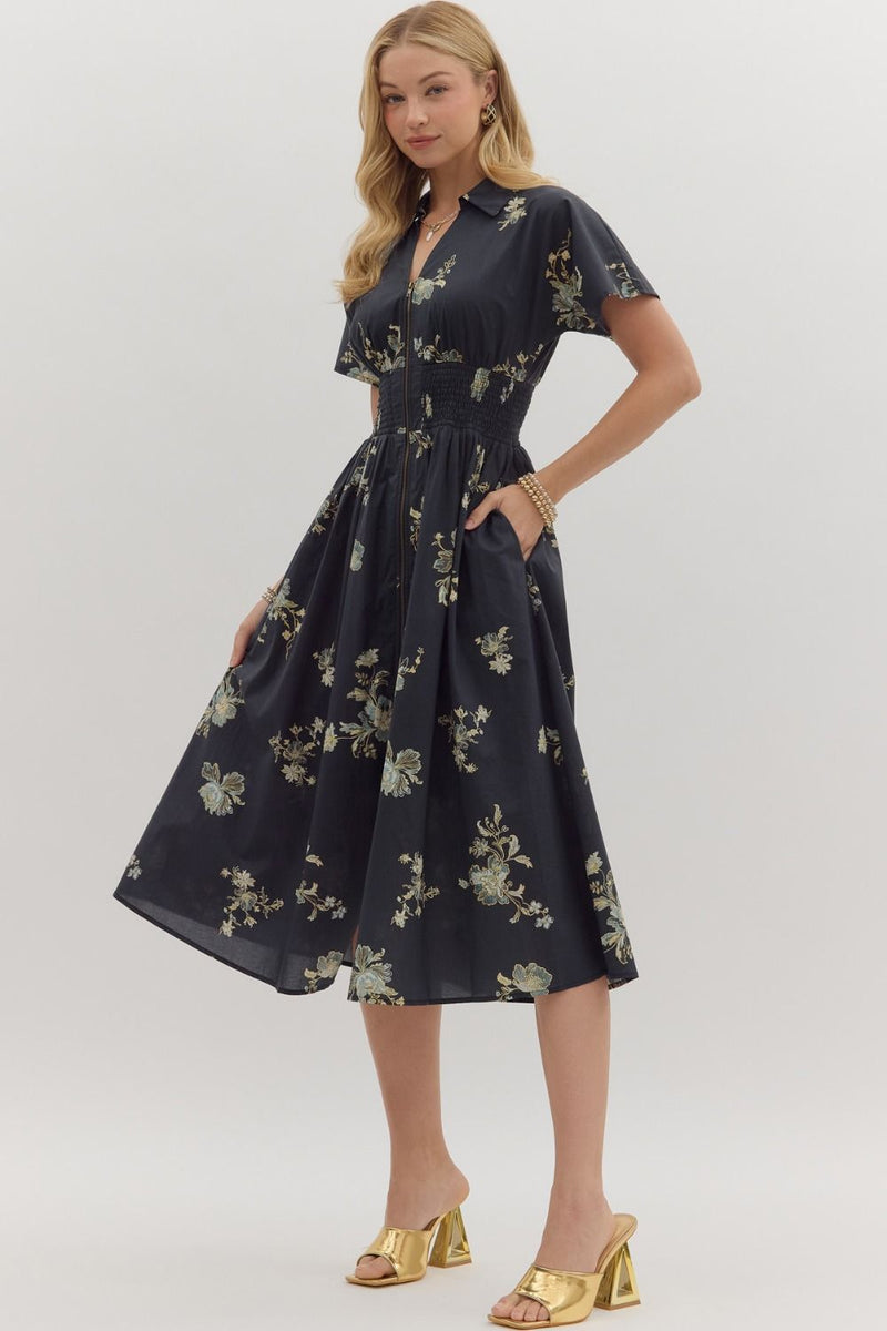 Ella Printed Zip Up Midi Dress, Black