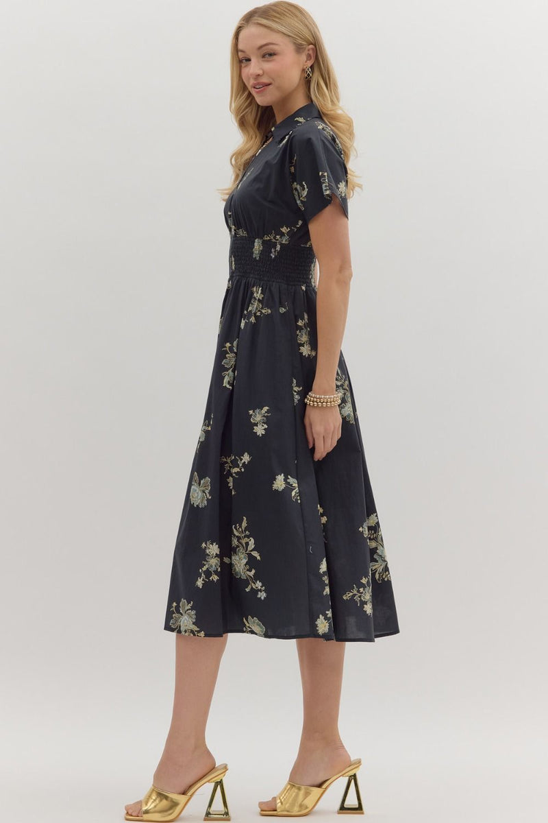Ella Printed Zip Up Midi Dress, Black