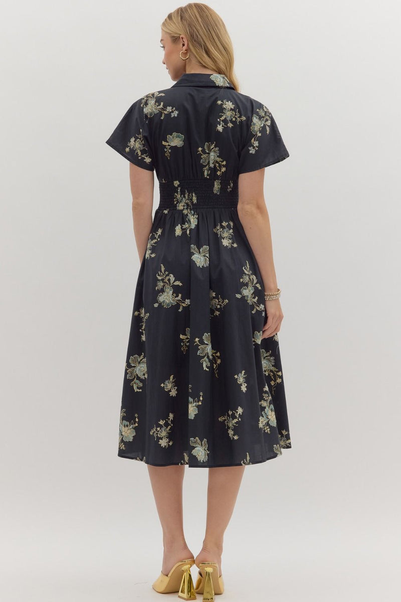 Ella Printed Zip Up Midi Dress, Black