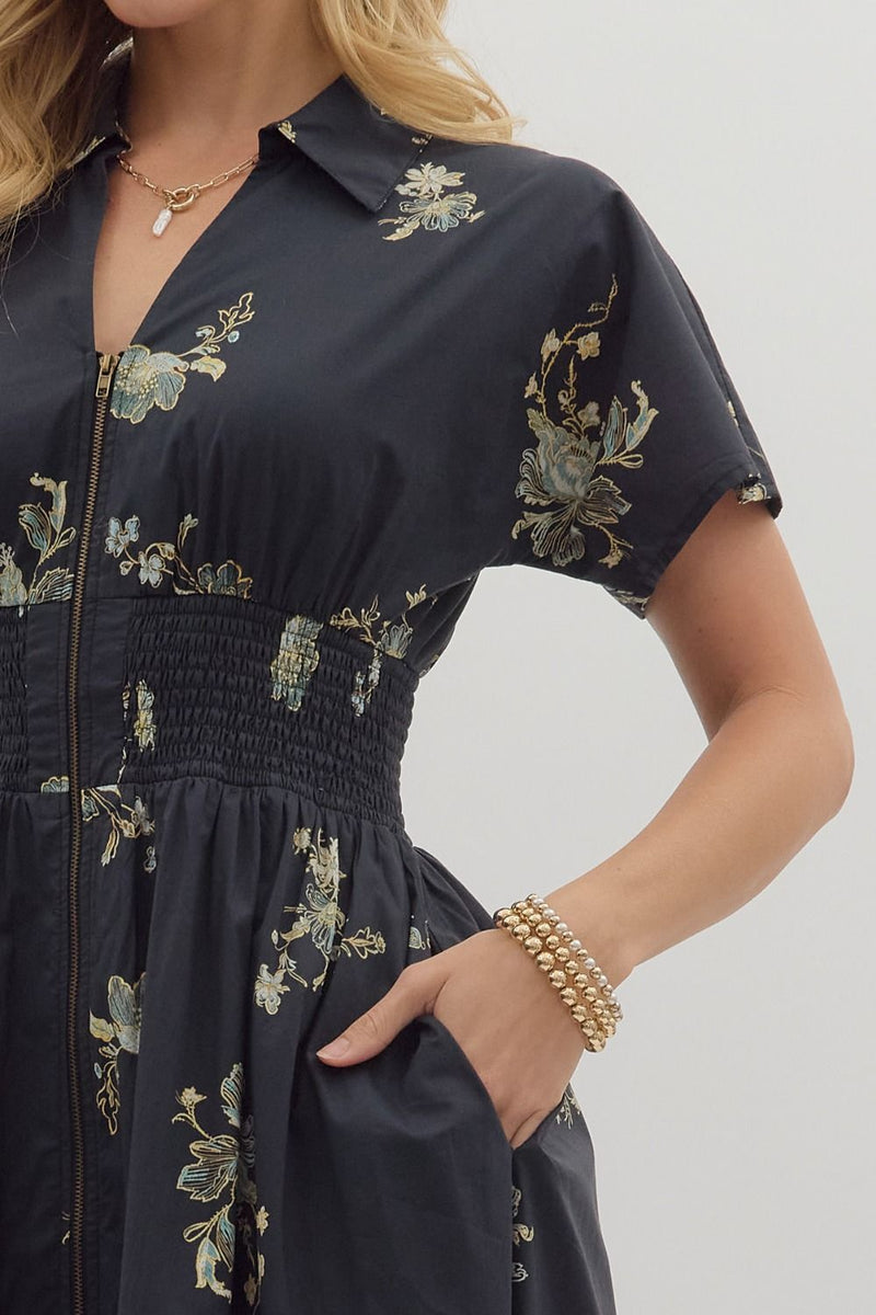 Ella Printed Zip Up Midi Dress, Black