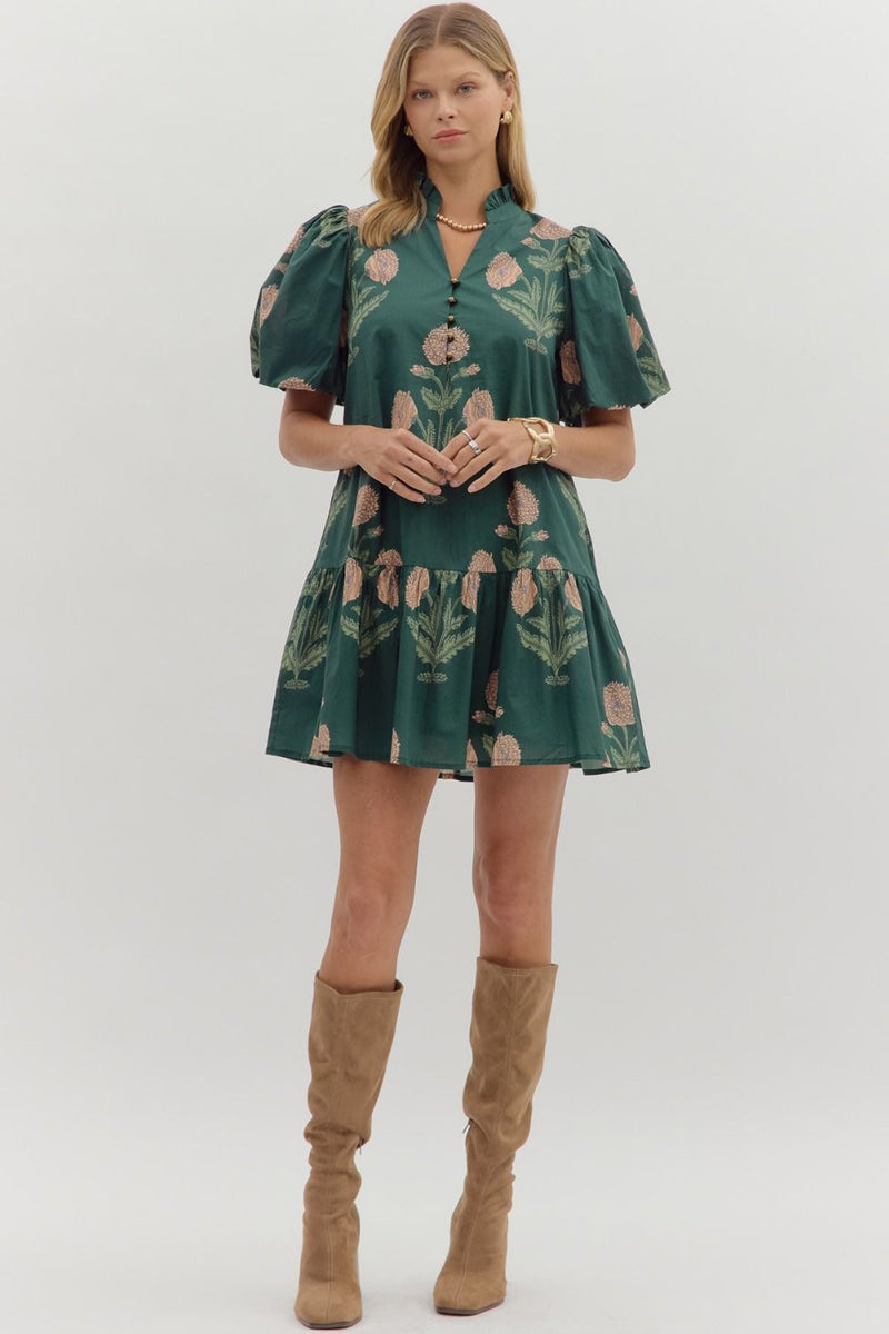 Avery Floral Bubble Sleeve Dress, Hunter Green