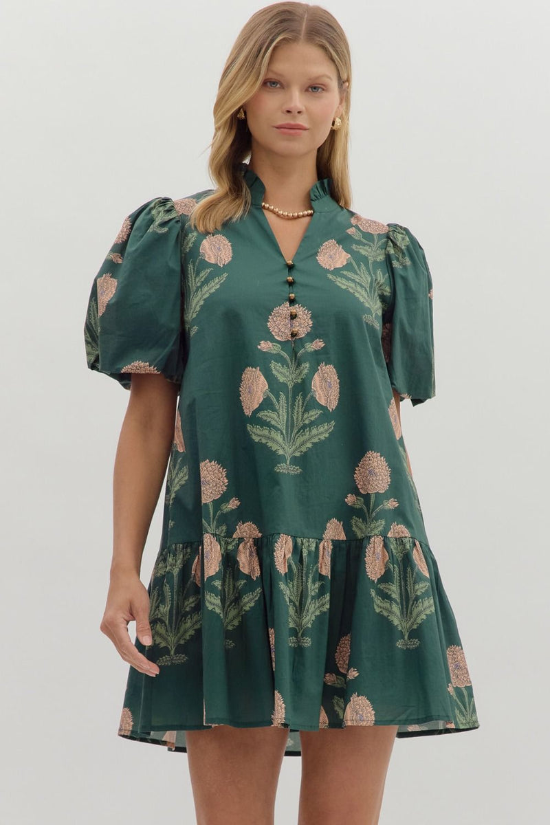 Avery Floral Bubble Sleeve Dress, Hunter Green