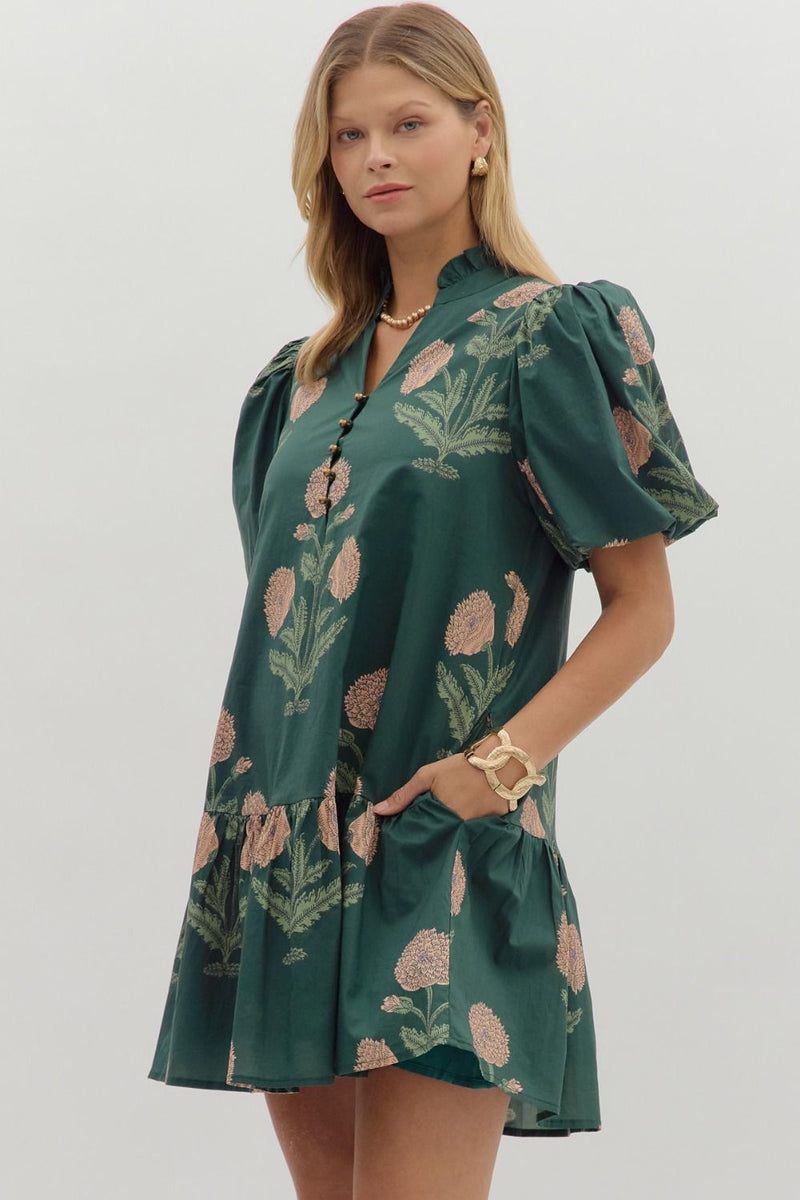 Avery Floral Bubble Sleeve Dress, Hunter Green