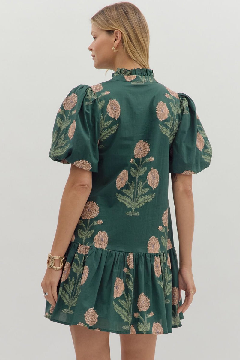 Avery Floral Bubble Sleeve Dress, Hunter Green