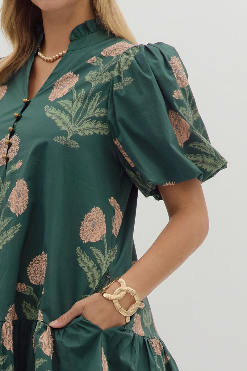Avery Floral Bubble Sleeve Dress, Hunter Green