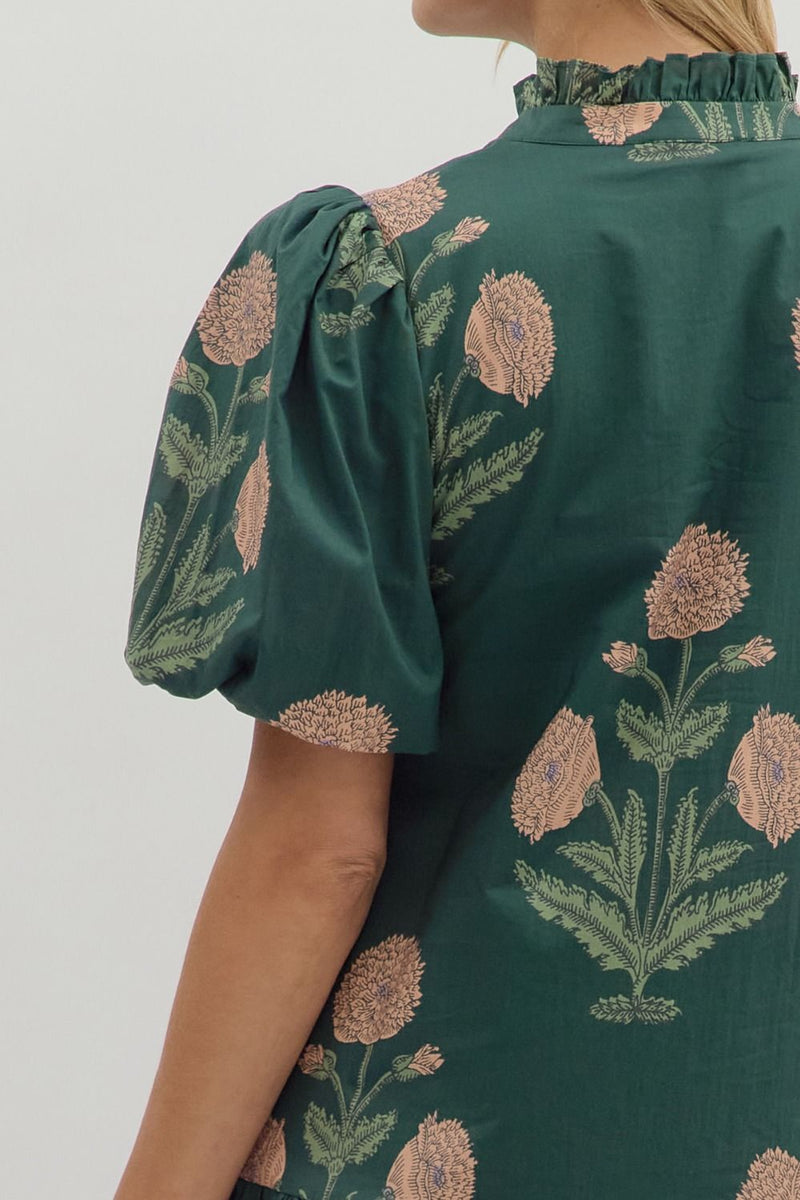 Avery Floral Bubble Sleeve Dress, Hunter Green