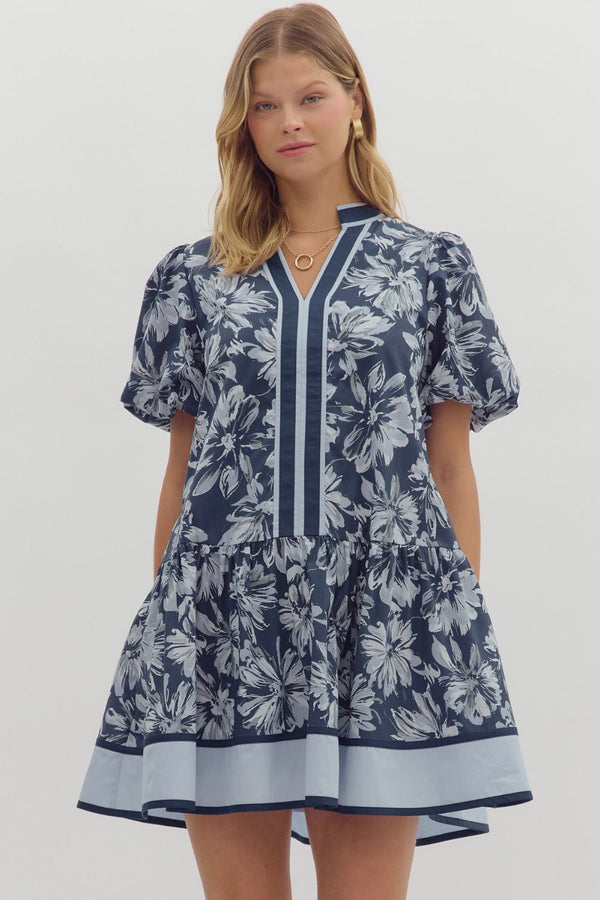 Dinah Puff Sleeve Contrast Stripe Dress, Navy