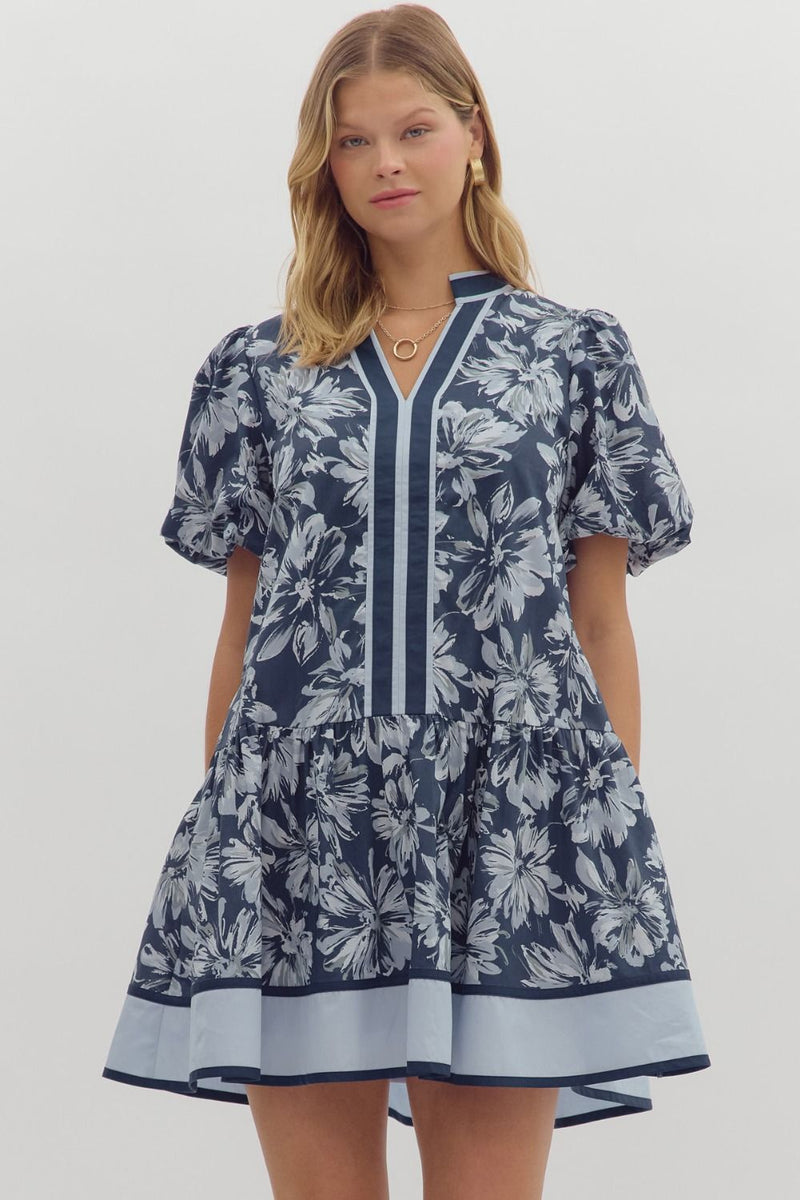 Dinah Puff Sleeve Contrast Stripe Dress, Navy