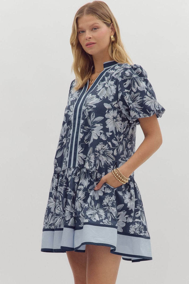 Dinah Puff Sleeve Contrast Stripe Dress, Navy