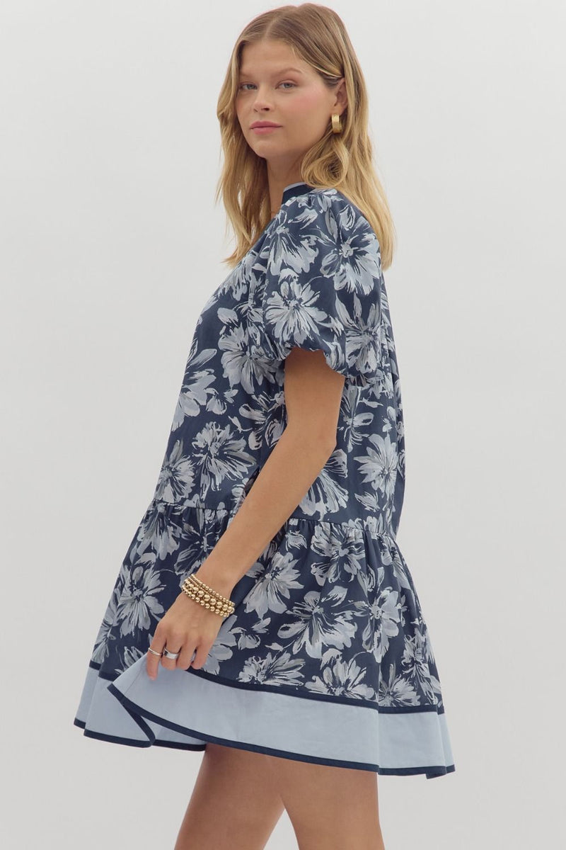 Dinah Puff Sleeve Contrast Stripe Dress, Navy