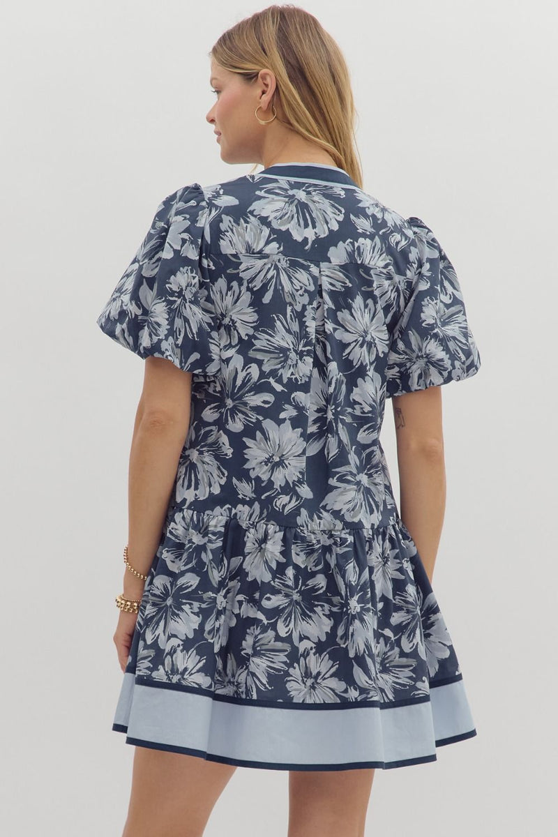 Dinah Puff Sleeve Contrast Stripe Dress, Navy