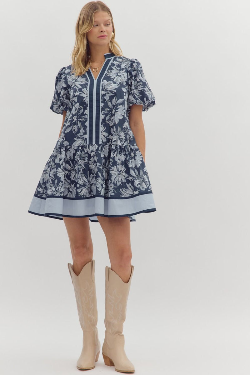Dinah Puff Sleeve Contrast Stripe Dress, Navy