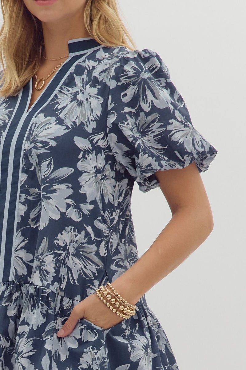 Dinah Puff Sleeve Contrast Stripe Dress, Navy