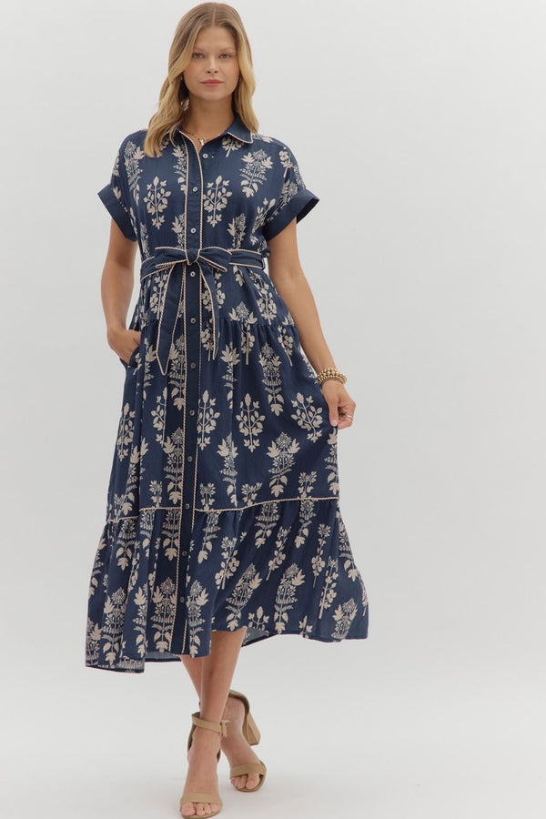 Margot Botanical Print Midi Dress, Navy