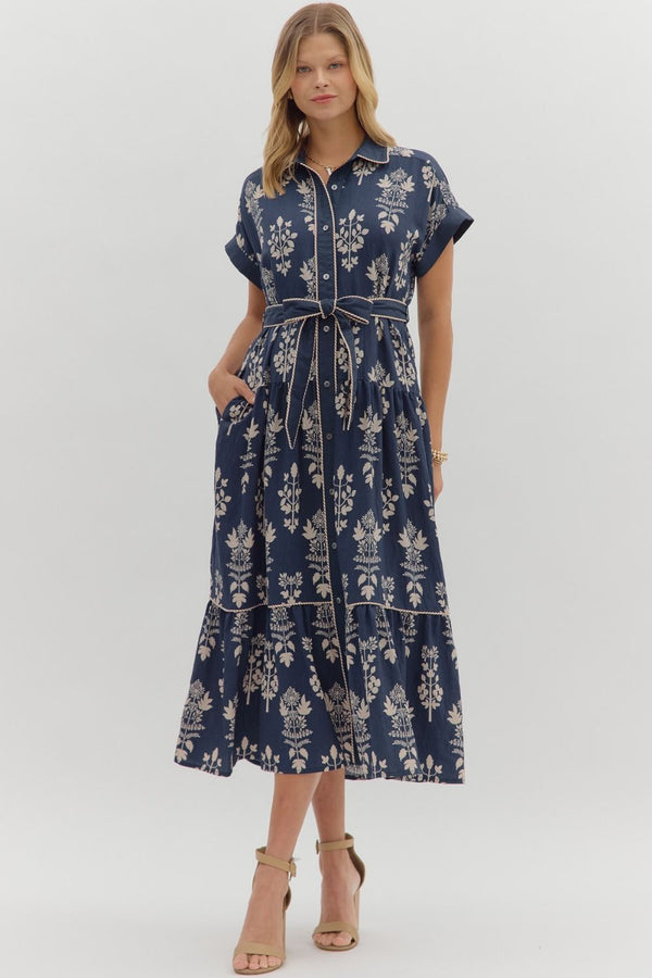 Margot Botanical Print Midi Dress, Navy