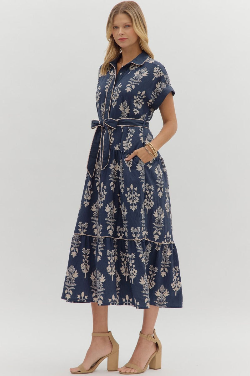 Margot Botanical Print Midi Dress, Navy