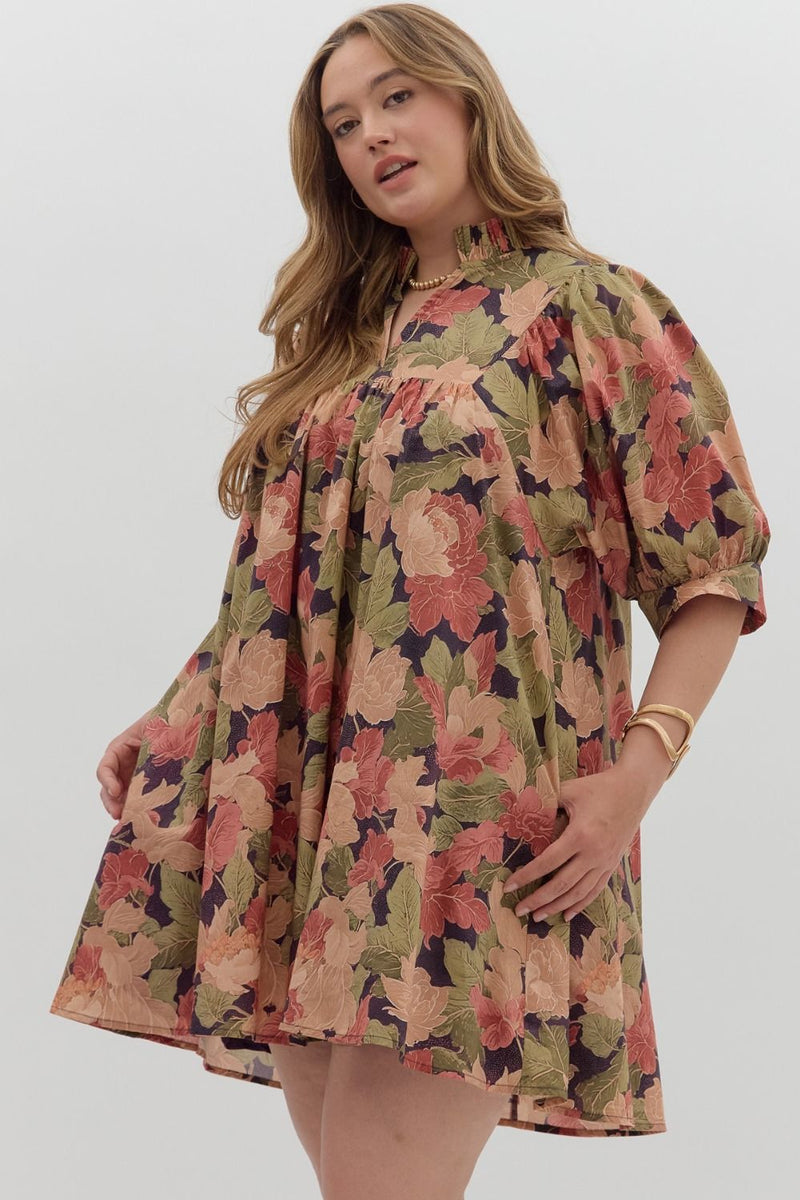 Magnolia Floral Ruffle Neck Dress, Brown | Plus Size