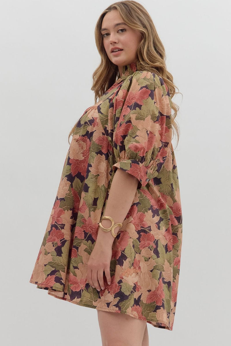 Magnolia Floral Ruffle Neck Dress, Brown | Plus Size