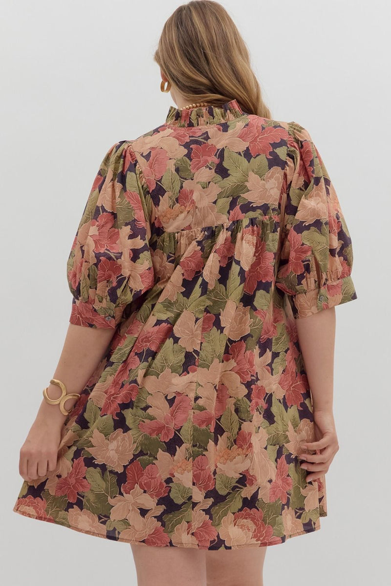 Magnolia Floral Ruffle Neck Dress, Brown | Plus Size