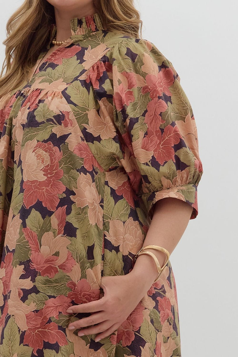 Magnolia Floral Ruffle Neck Dress, Brown | Plus Size