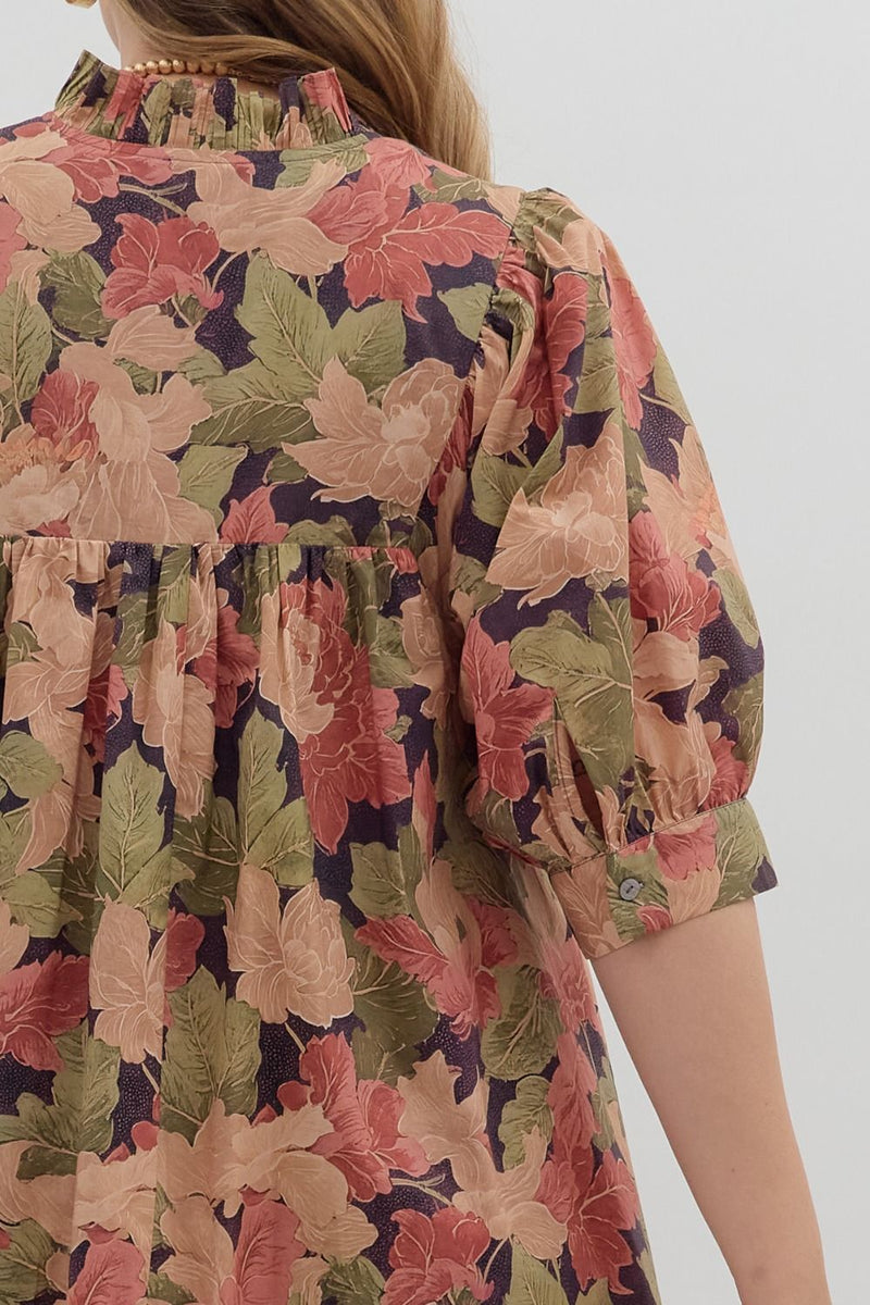 Magnolia Floral Ruffle Neck Dress, Brown | Plus Size