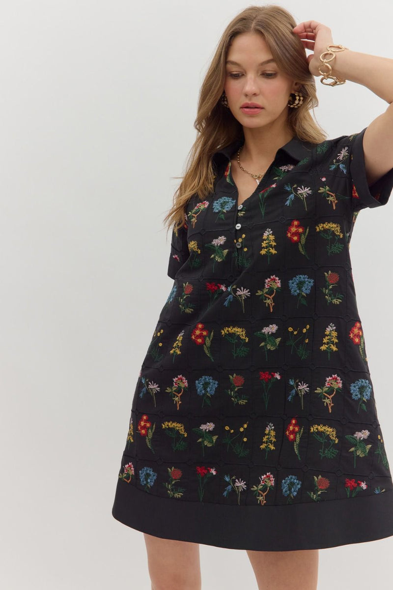 Abigail Floral Embroidered Dress, Black