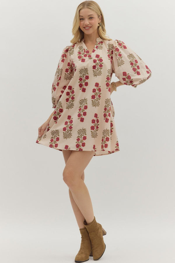 Esme Floral V-Neck Mini Dress, Red Ecru