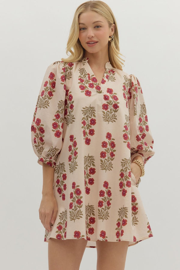 Esme Floral V-Neck Mini Dress, Red Ecru