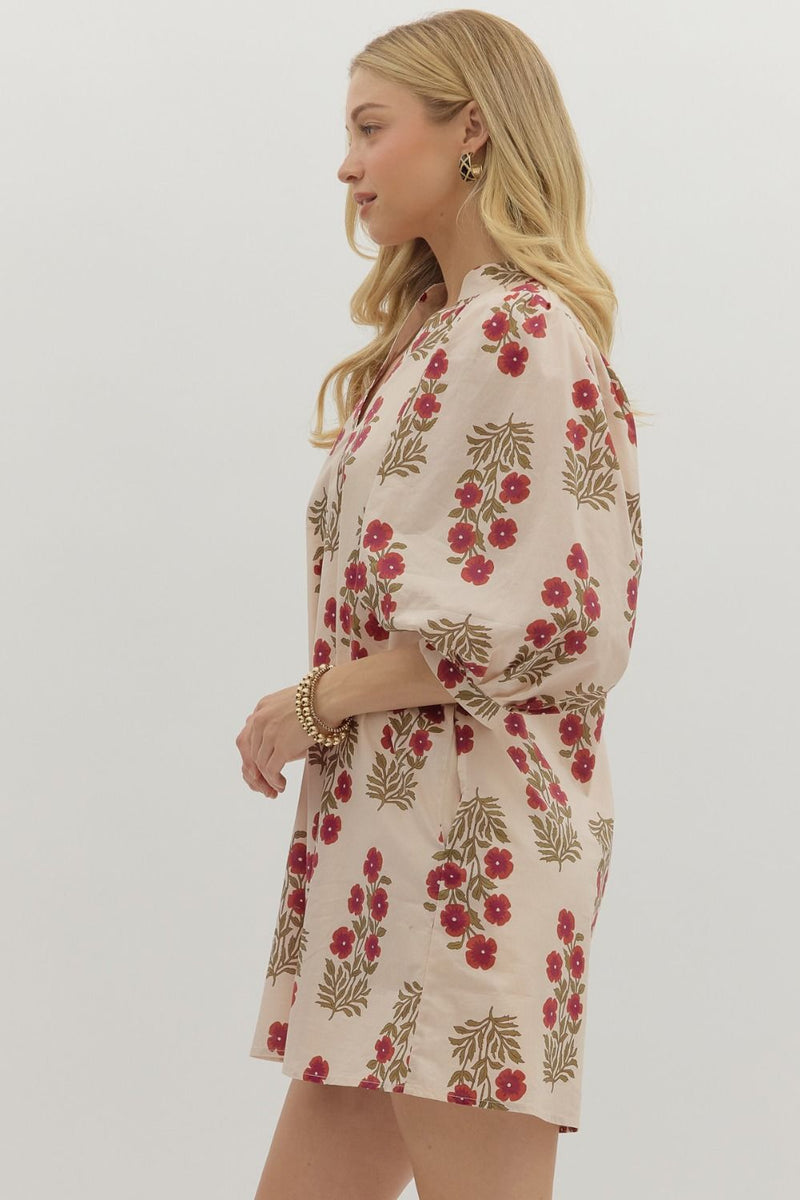 Esme Floral V-Neck Mini Dress, Red Ecru