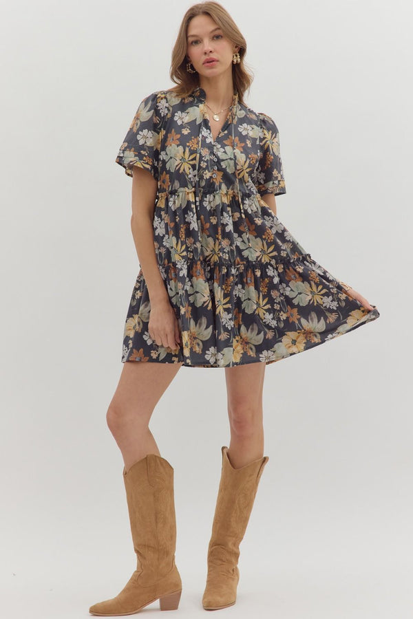 Samantha Floral Tiered Mini Dress, Charcoal